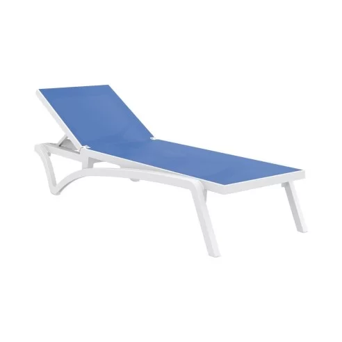 Bain de soleil en résine Pacific blanc/bleu inclinable avec roulettes toile synthétique
