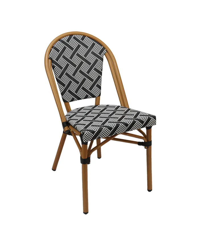 Chaise CAPRI structure aluminium imitation bois dossier et assise textylène noir et blanc
