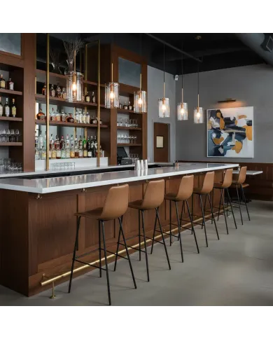 Chaise haute métal noir BAXTER coque tissu PVC camel