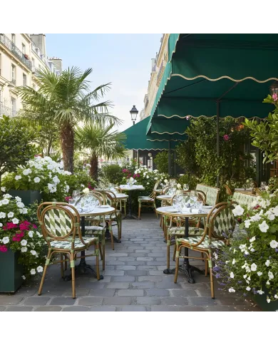 Chaise en aluminium wood walnut EMERAUDE assise et dossier tressage graphic