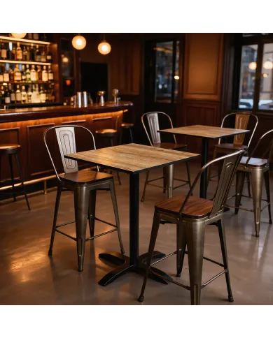 Chaise haute en métal bronze vintage MILL assise bois