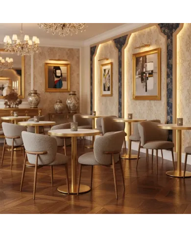 Fauteuil NARA structure métal imitation bois naturel assise et dossier tissu venus taupe