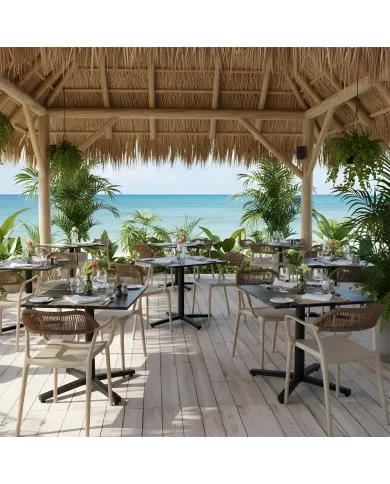 Fauteuil PADOUE structure résine dossier tressé beige foncé corde marron