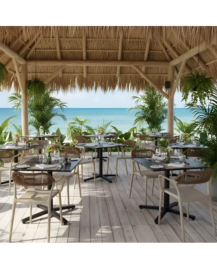 Fauteuil PADOUE structure résine dossier tressé beige foncé corde marron