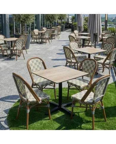 Chaise en aluminium wood walnut MONTMARTRE assise et dossier tressage wicker damier bicolore