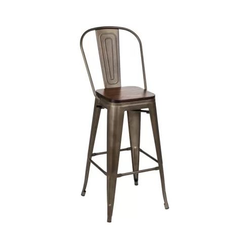 Chaise haute en métal bronze vintage MILL assise bois