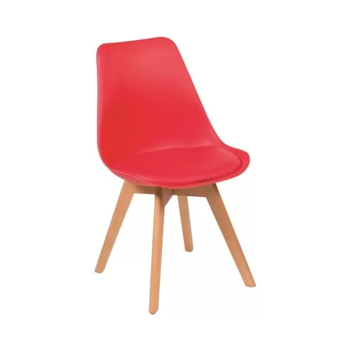 Chaise en bois naturel RIGA coque polypropylène rouge avec assise PVC assortie rouge